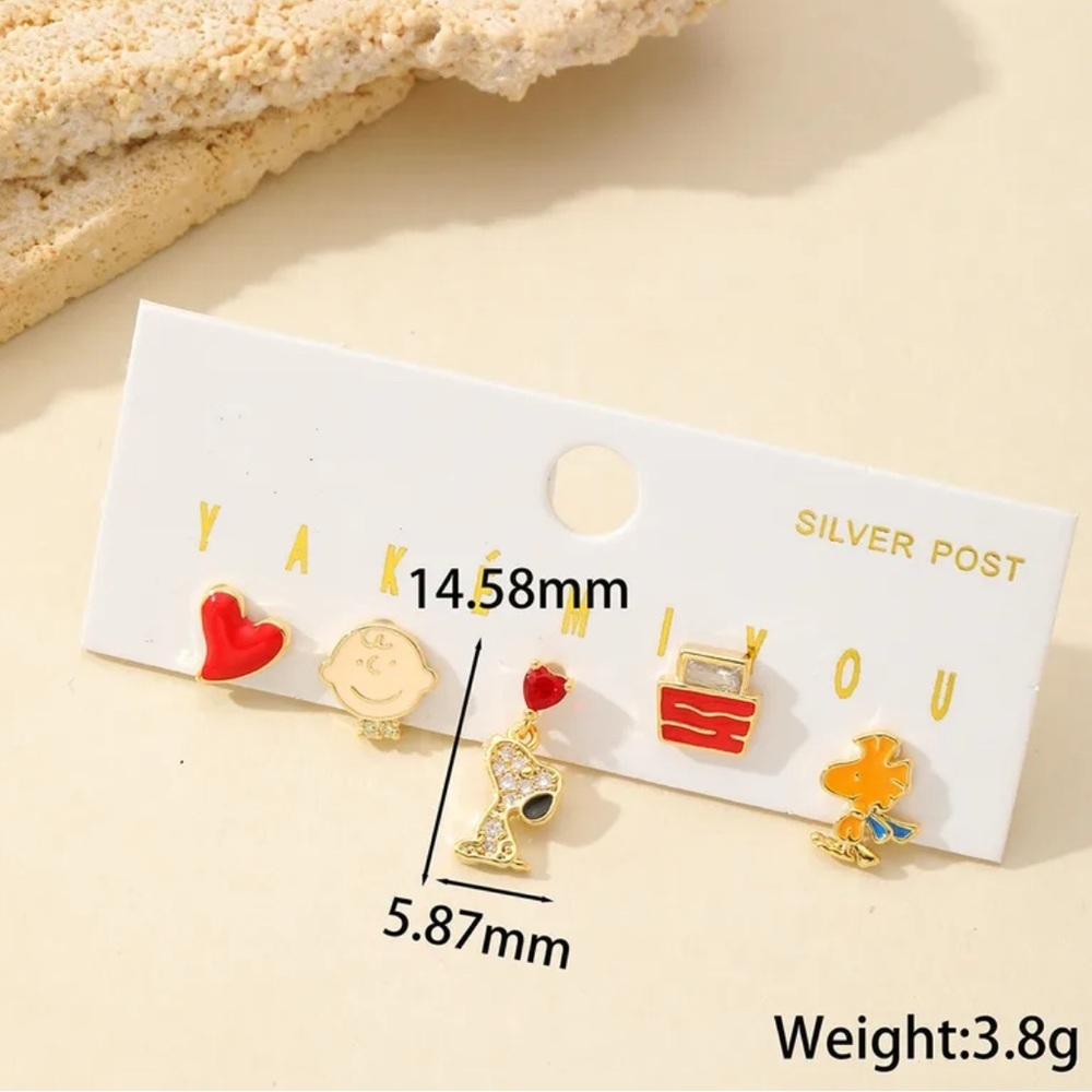 14K Gold Plated Peanuts Gang Snoopy & Woodstock Theme Earrings Mismatched Set - Picture 4 of 4